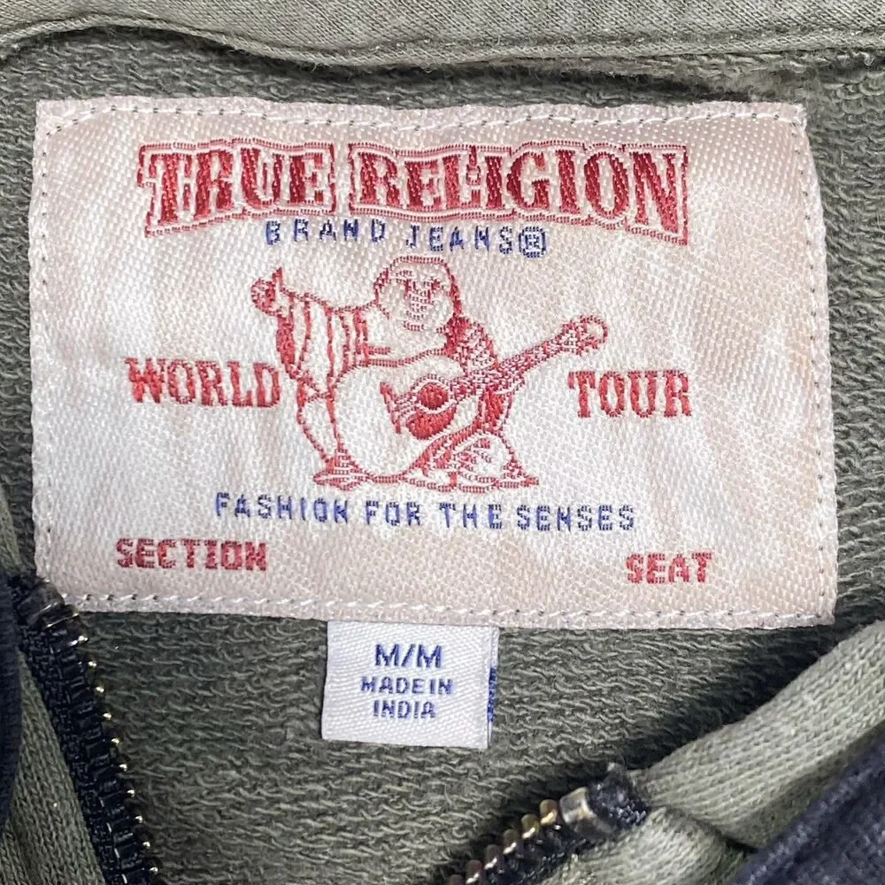 True Religion M Hoodie Budda World Tour Logo Full Zip Olive Green Y2K Vintage